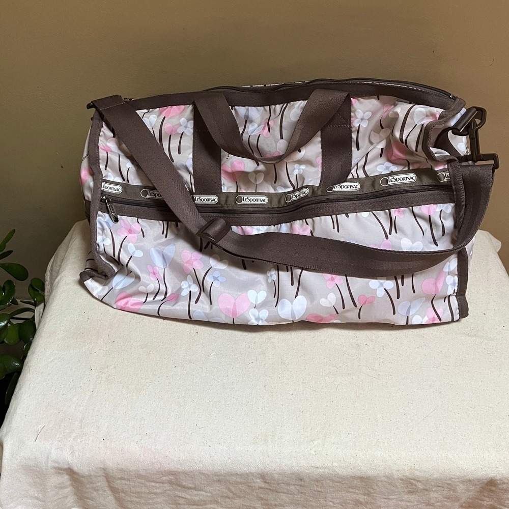 LeSportsac Retro Floral Heart Print Weekender Duffle Bag Beige Pink Y2K